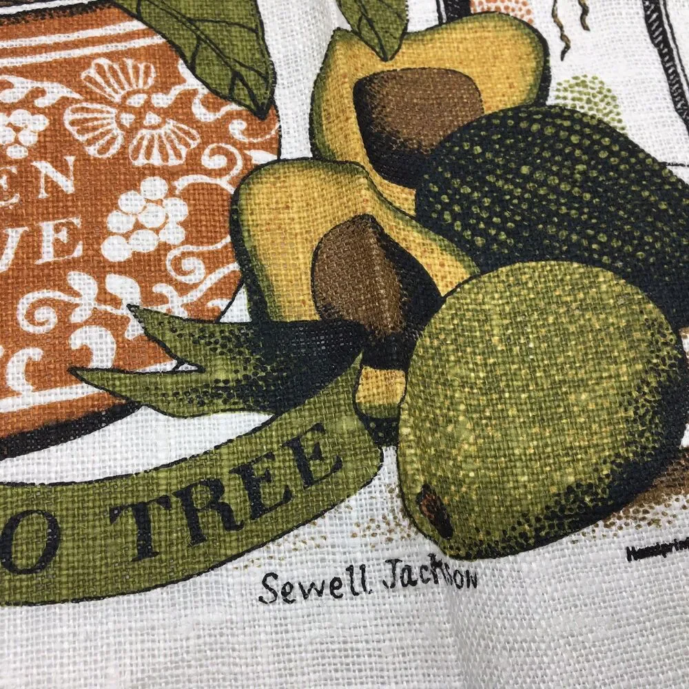 Vtg Kay Dee New Avocado Tree Kitchen Tea Towel Linen Hand Print Jackson Sewell